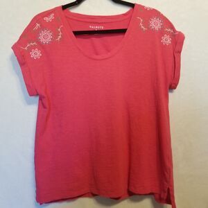 Talbots M Top Pink 100% Cotton Embroidered Floral Jersey Knit Classic Bohemian